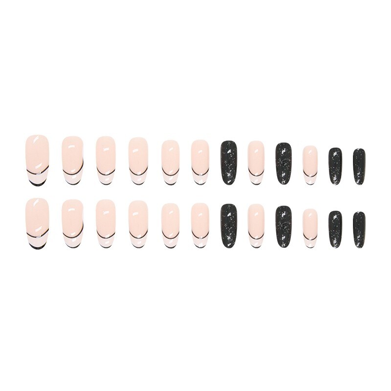 Press On Nails Long Round French and Black Reusable Glue On Nail Tips Glossy