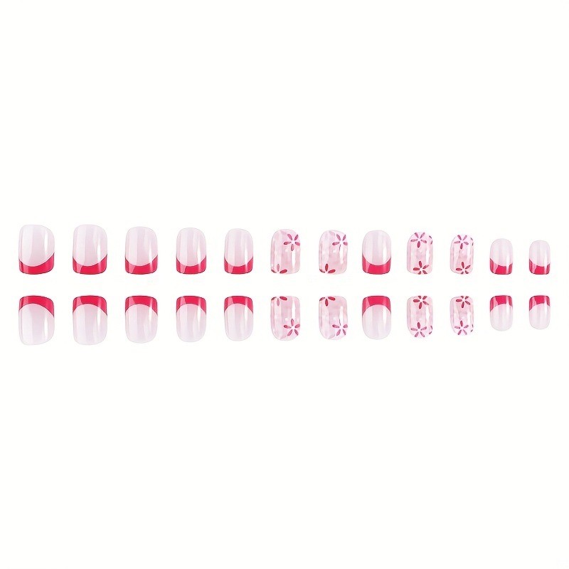 48 Pcs of Spring/summer Pink Flower Short Gloss Detachable and Reusable Nail Art