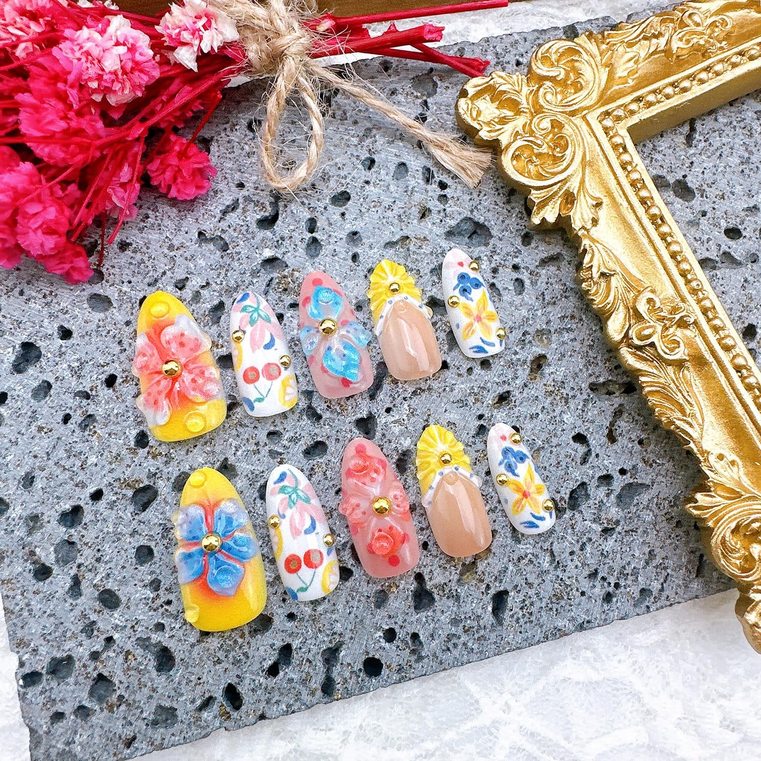 30Pcs Summer Press on Nails Medium Almond 3D Lemon French Medium, Multicolor