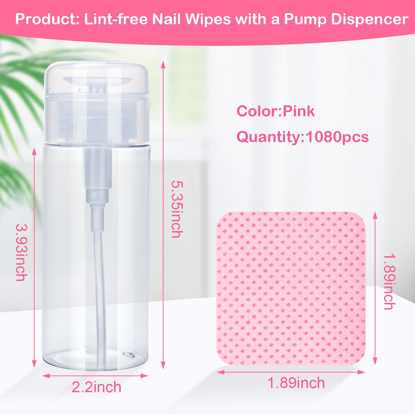 Lint Free Nail Wipes, Acetone Polish Remover 1080PCS with Pump Pink