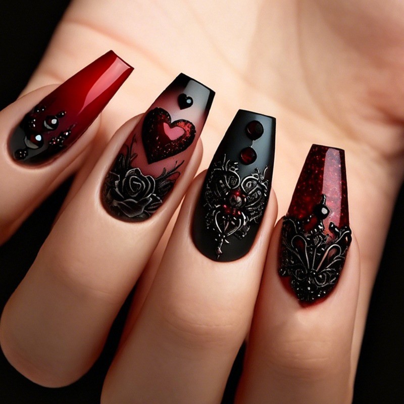 48 Pieces of Long Ballet Black Red Heart-shaped Rose Metal Reusable Nail Art
