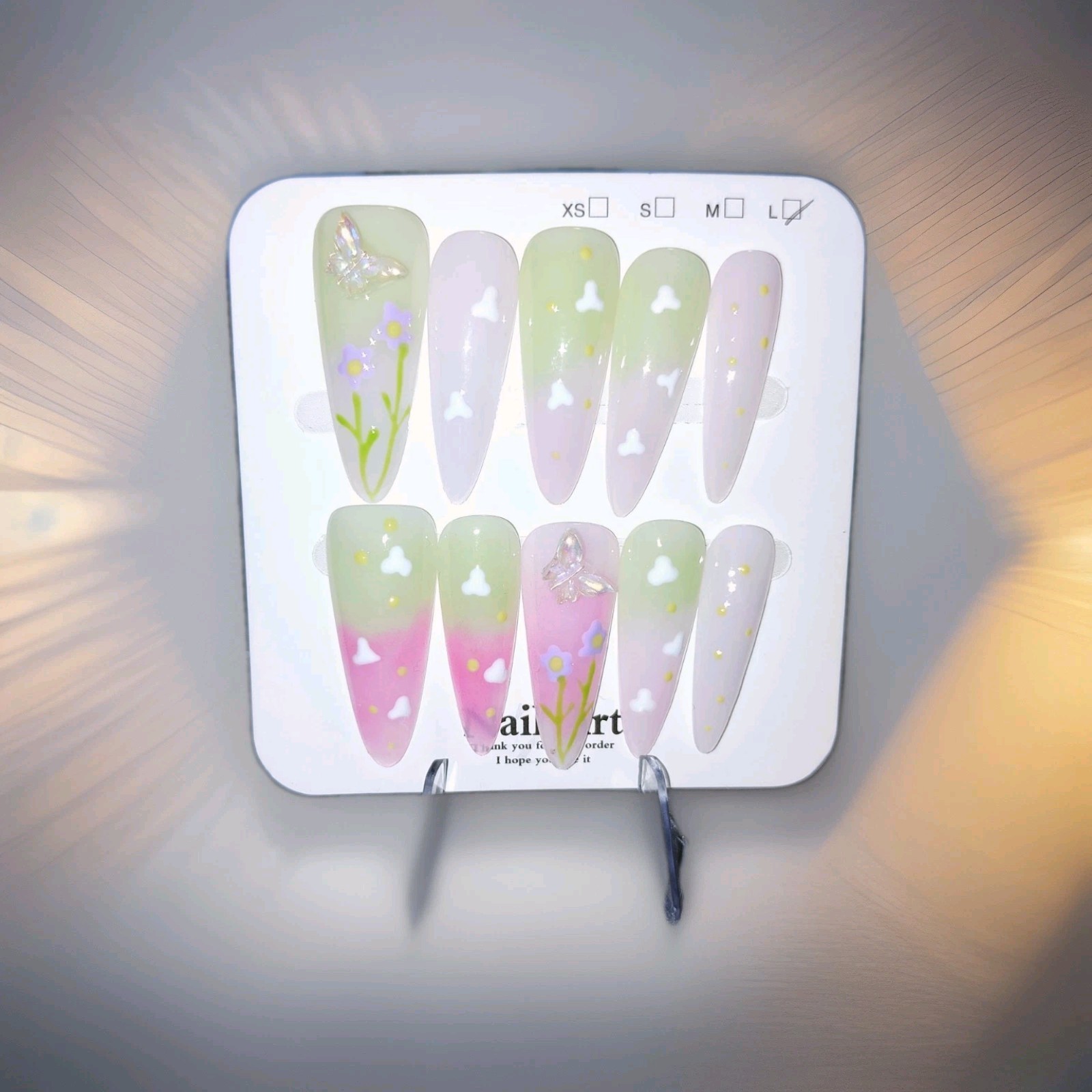 Pink Green Purple Long Coffin 3D Butterfly Flower Press-On Nails Full Cover