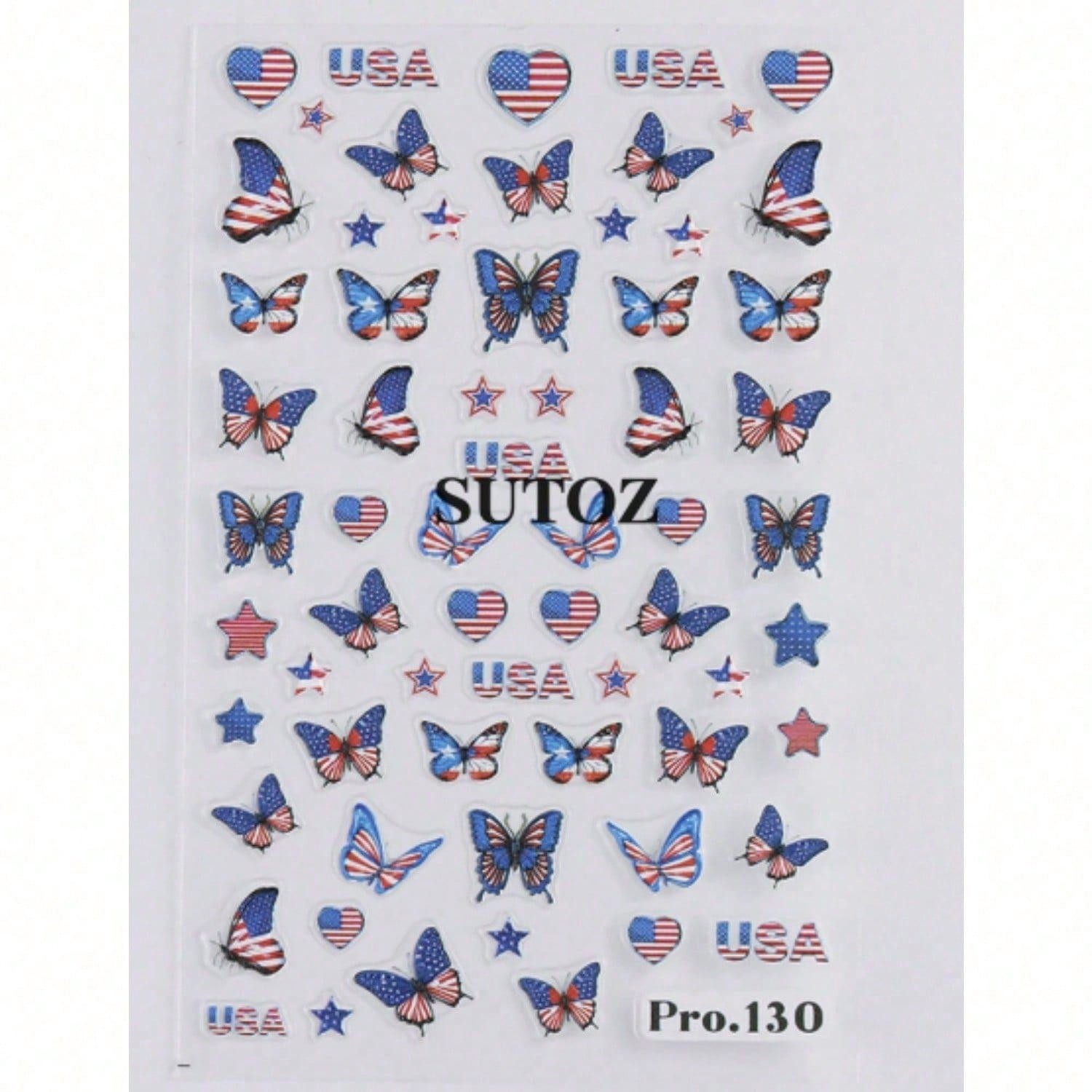 6 Sheets 4th of July Nail Art Stickers 3D Decals Red Blue White American Flags
