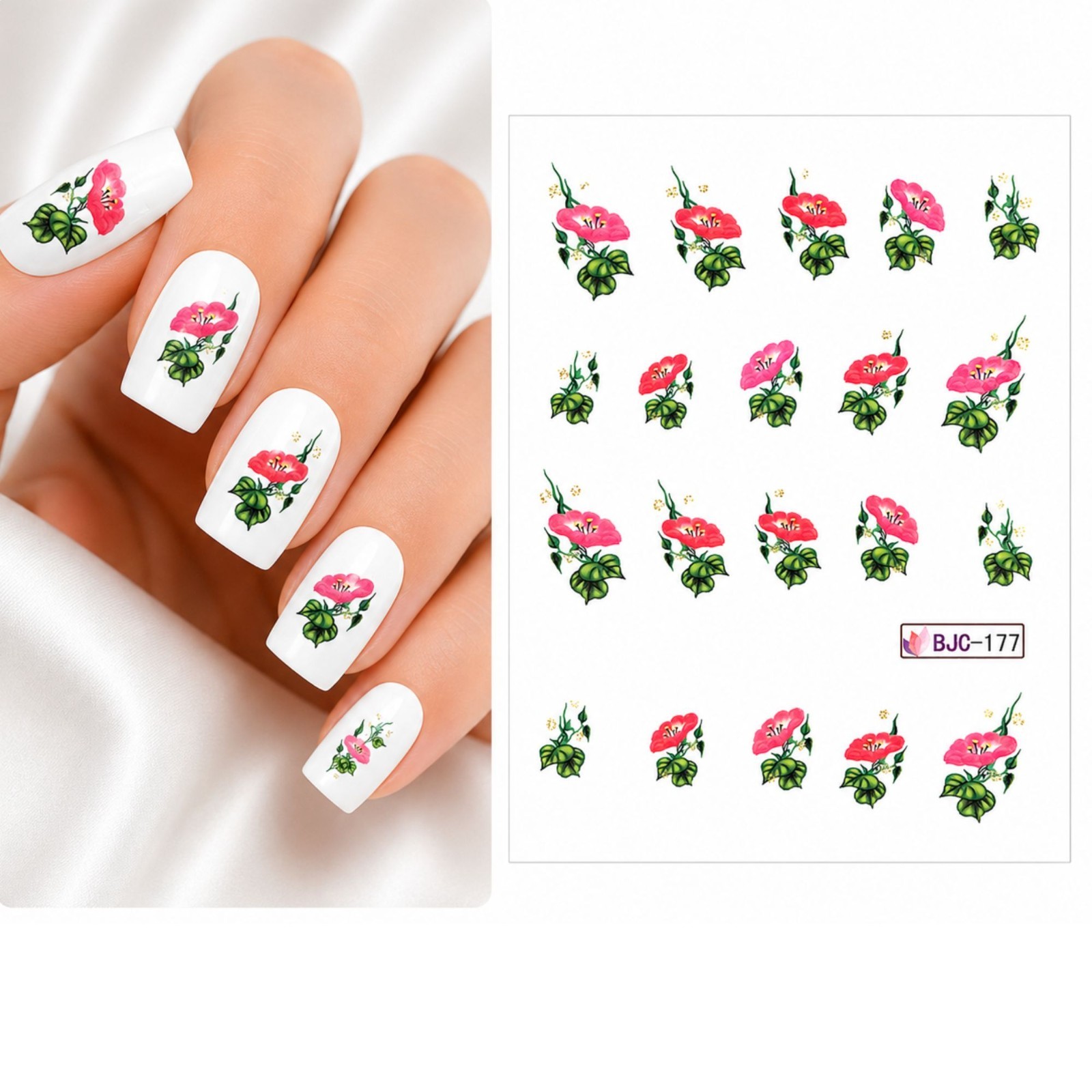 Fuschia red Flower Green Leaf Water Transfer Nail Decal DIY Manicure Blossom Art