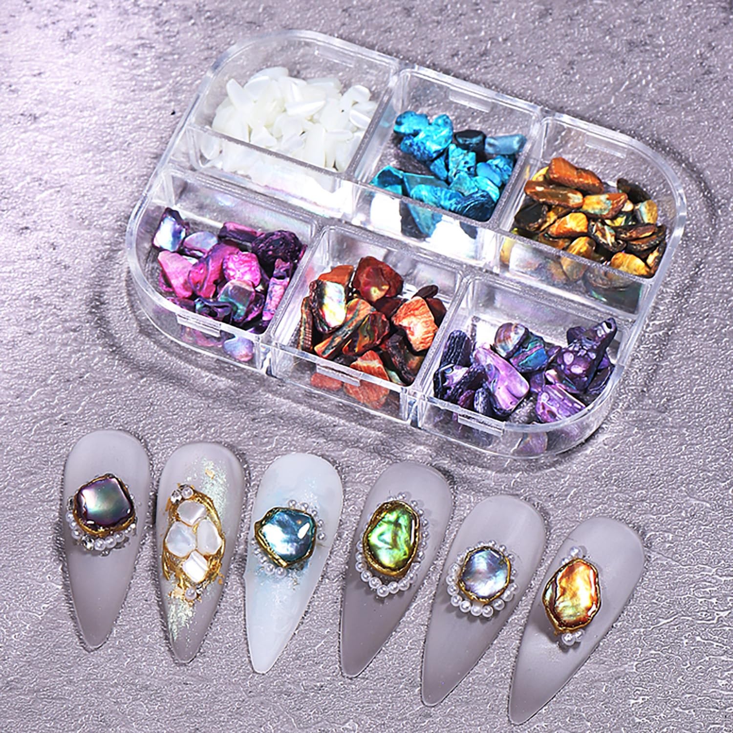 6 Grids Colorful Abalone Shell Stone Nail Gems and Charms 3D Irregular Stone …