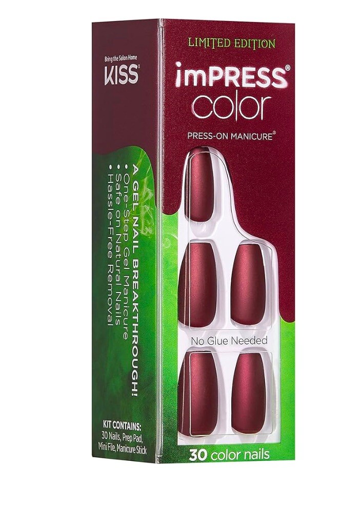KISS imPRESS Color Matte Burgundy Wine Medium Length Press-On Nails Lights Out