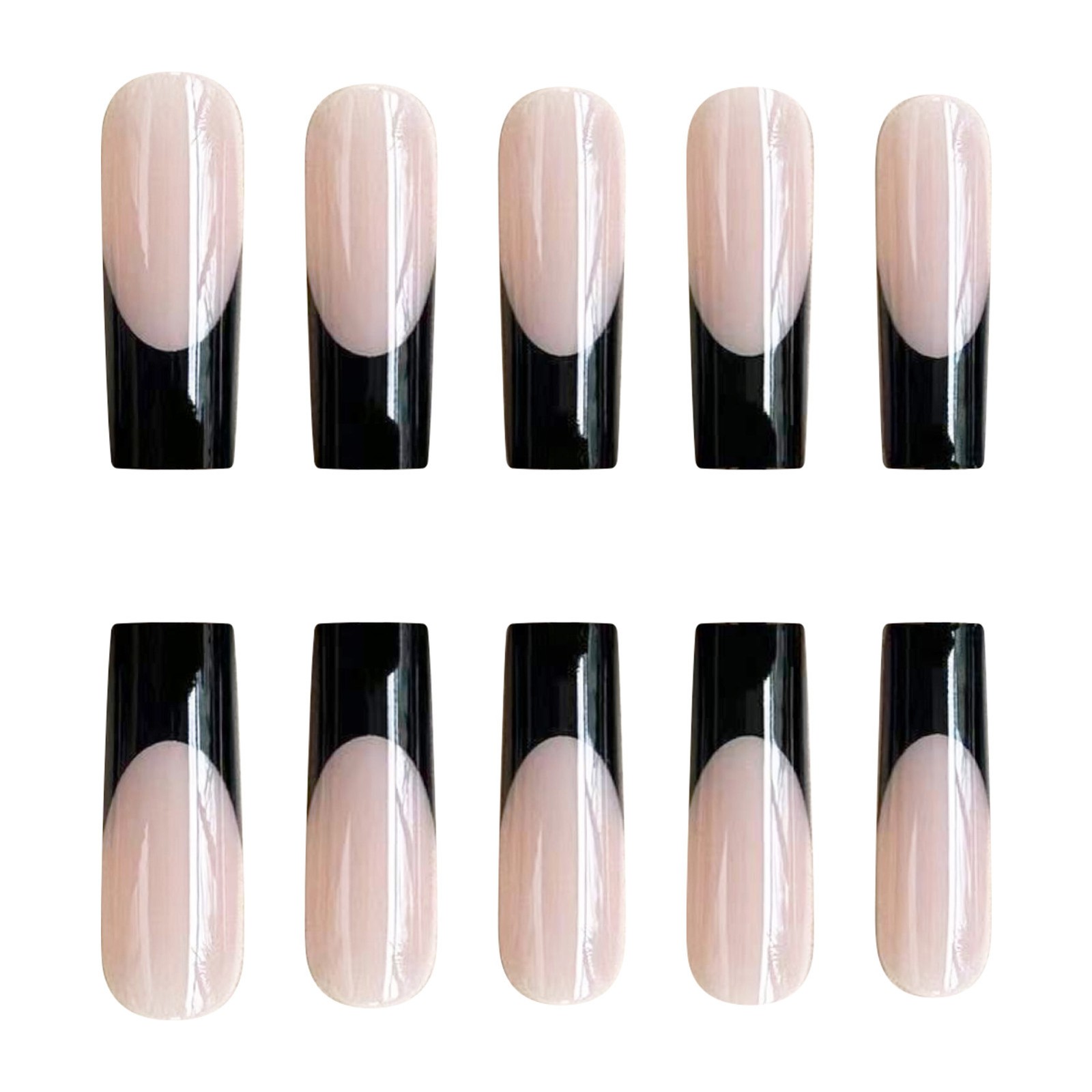 Black Edge French Tips,Square Long Press On Nail,Nude Fake Nail,Daily False Nail