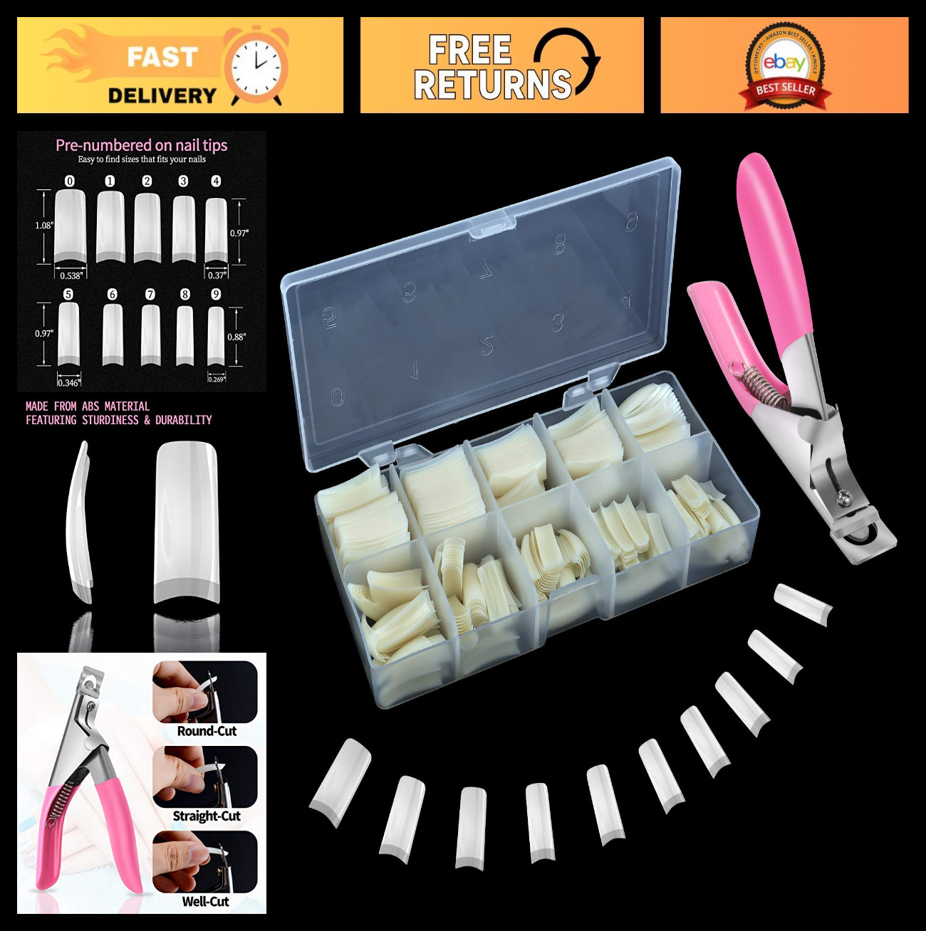 500pcs Acrylic Nail Tips – French False Nails with Clipper & Storage Case, 10 Si