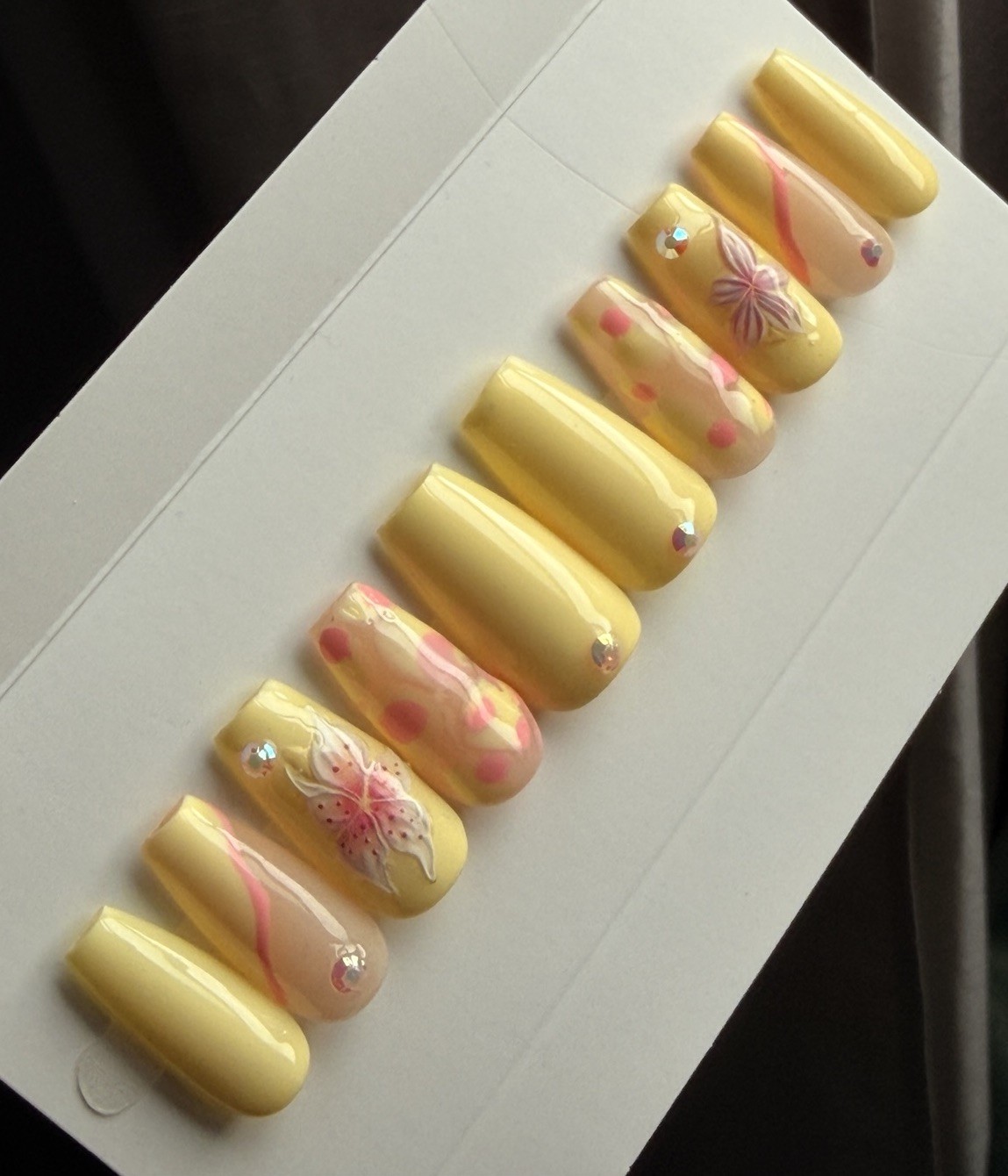 ✨ CUSTOM Press On Nails YELLOW PINK FLOWER BLING Flower 10p SET W Kit