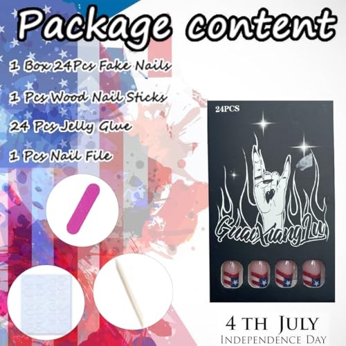 4th of July Press on Nails Short Square Fake Nails French Tip False Nails-1