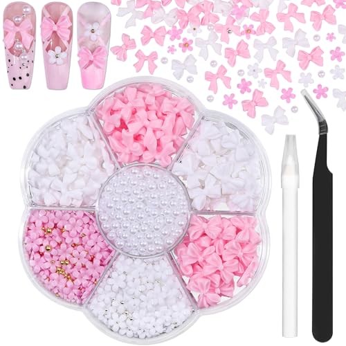 420PCS Bow & Flower Nail Charms Kit with Half Pearls, 3D Bow+Flower Pink White