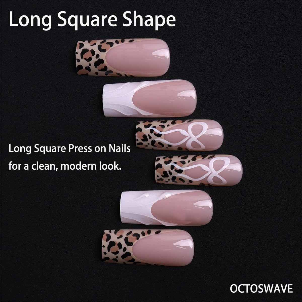 OCTOSWAVE Long Square Press On Nails, Nude Pink French Tip Fake Long, White