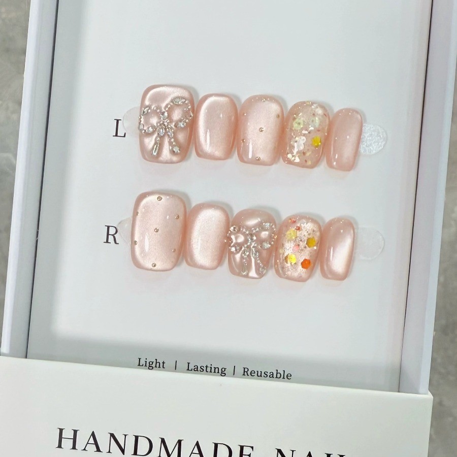 Handmade Press On Nails 10pc Pink Glitter Cat-Eye Design Oval Short Shape Glossy