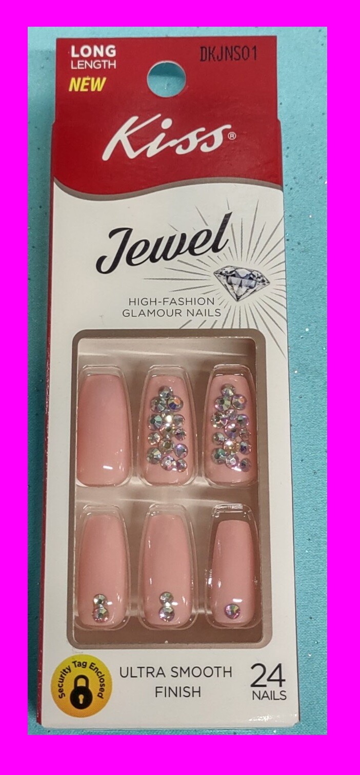 Kiss JEWEL 24 LONG Glue-On Artificial Nails IRREVERENCE Pink w/ Sparkly Stones!!
