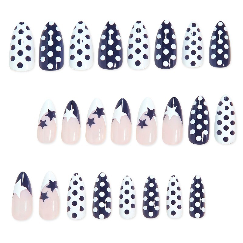 48Pcs-Long Almond Navy Blue White Polka Dot Star Nude Press on Fake Nails