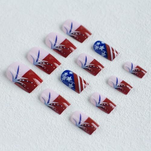 Independence Day Press on Nails Short Square Stripe Wave Red French and Dots