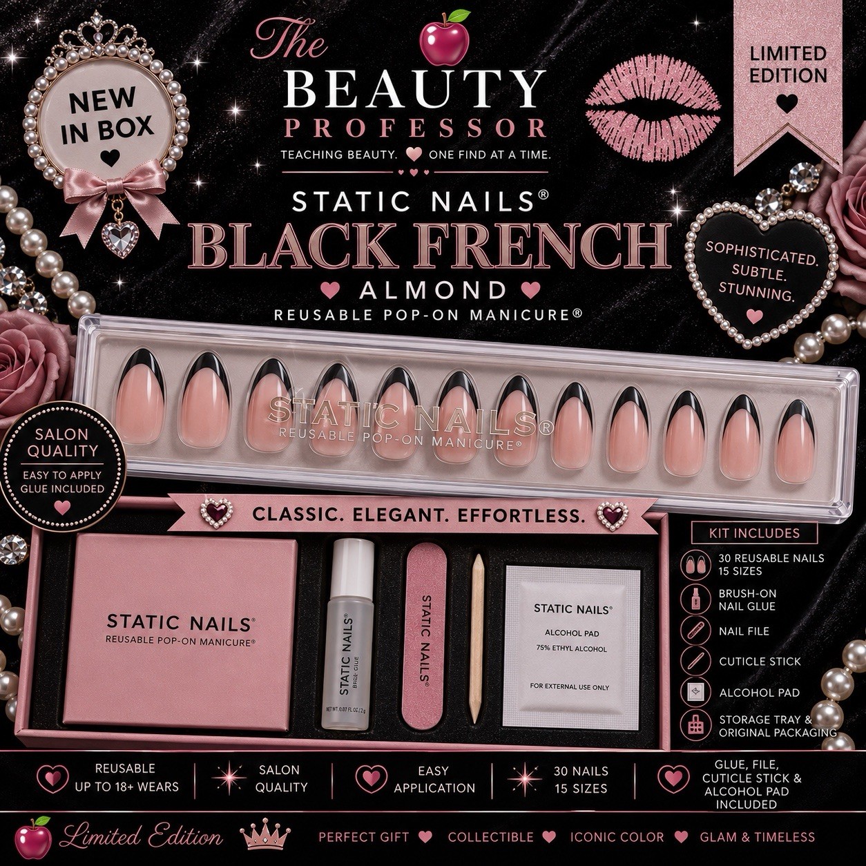 💅 Static Nails Black French Almond Reusable Pop-On Manicure New In Box