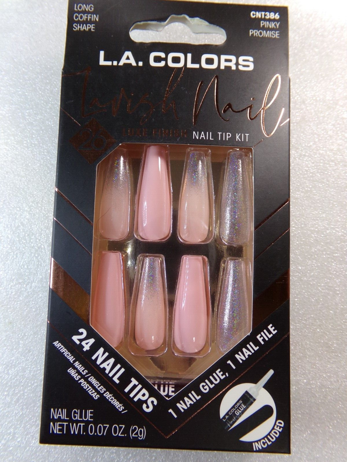 L.A. Colors NAILS GLUE ON Lavish Shiny Pink Pinky Promise LONG LENGTH