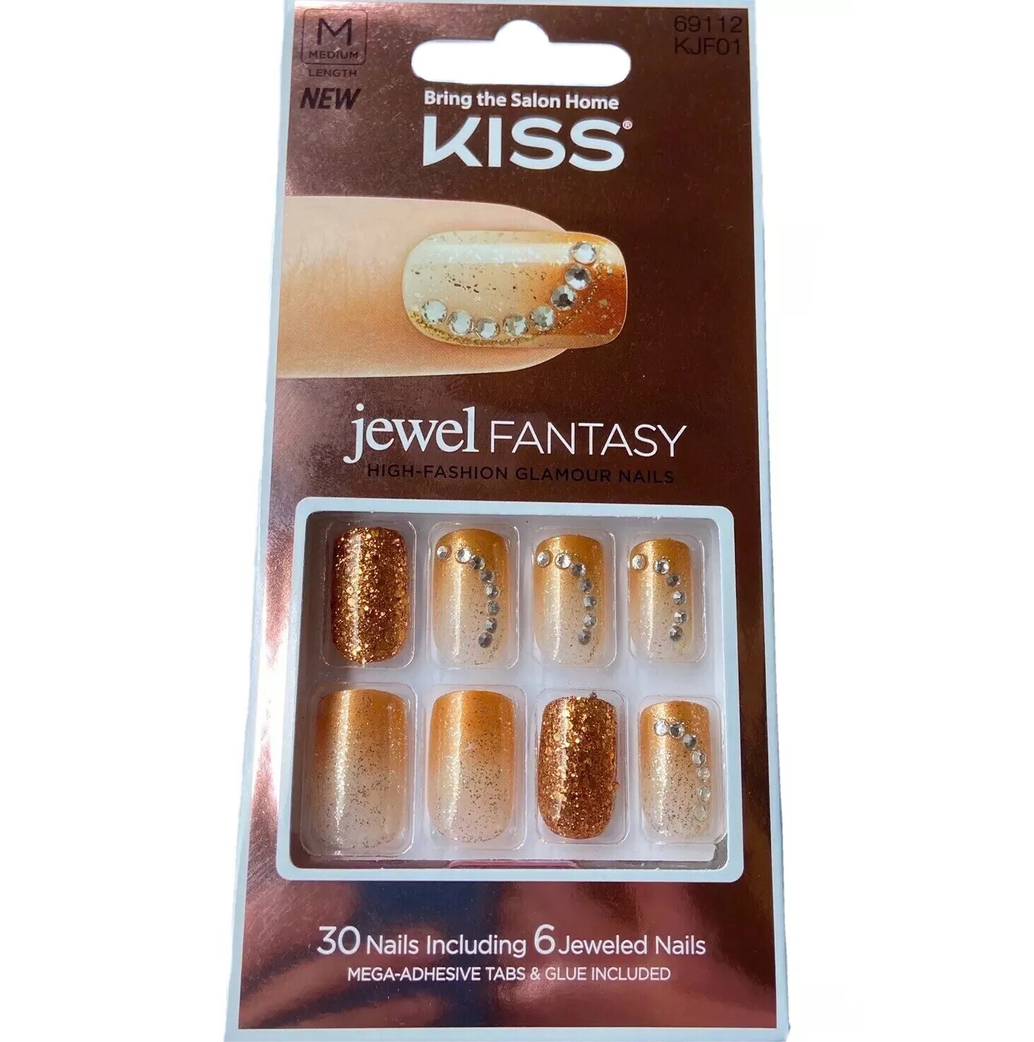 NEW Kiss Nails Jewel Fantasy Press or Glue Manicure Medium Gel Copper Gold Gems