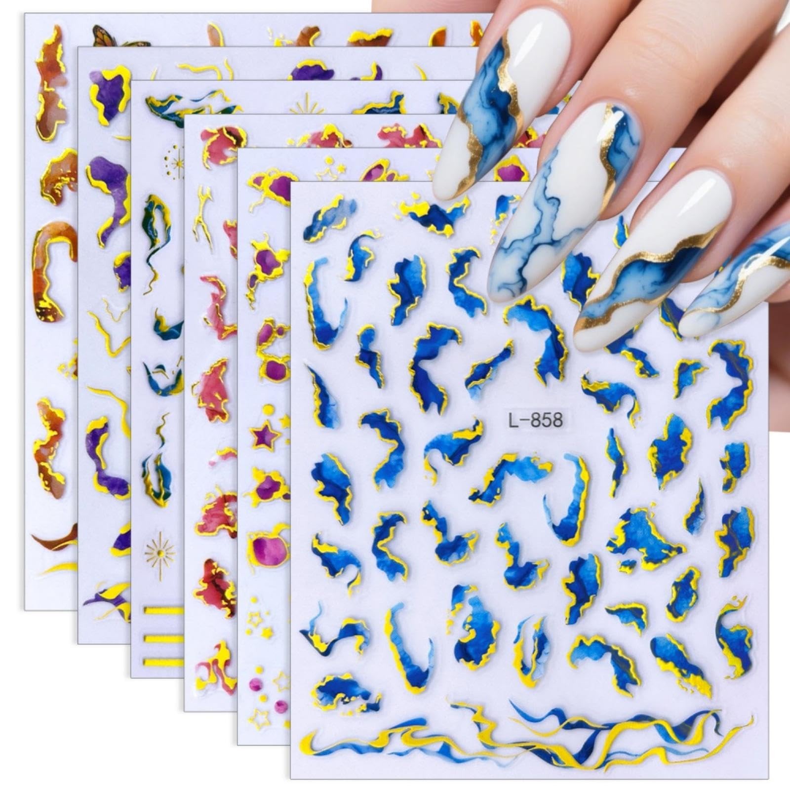Gold Nail Stickers Colorful Wave Line Nail Decals Marble Nail Designs Ribbon …