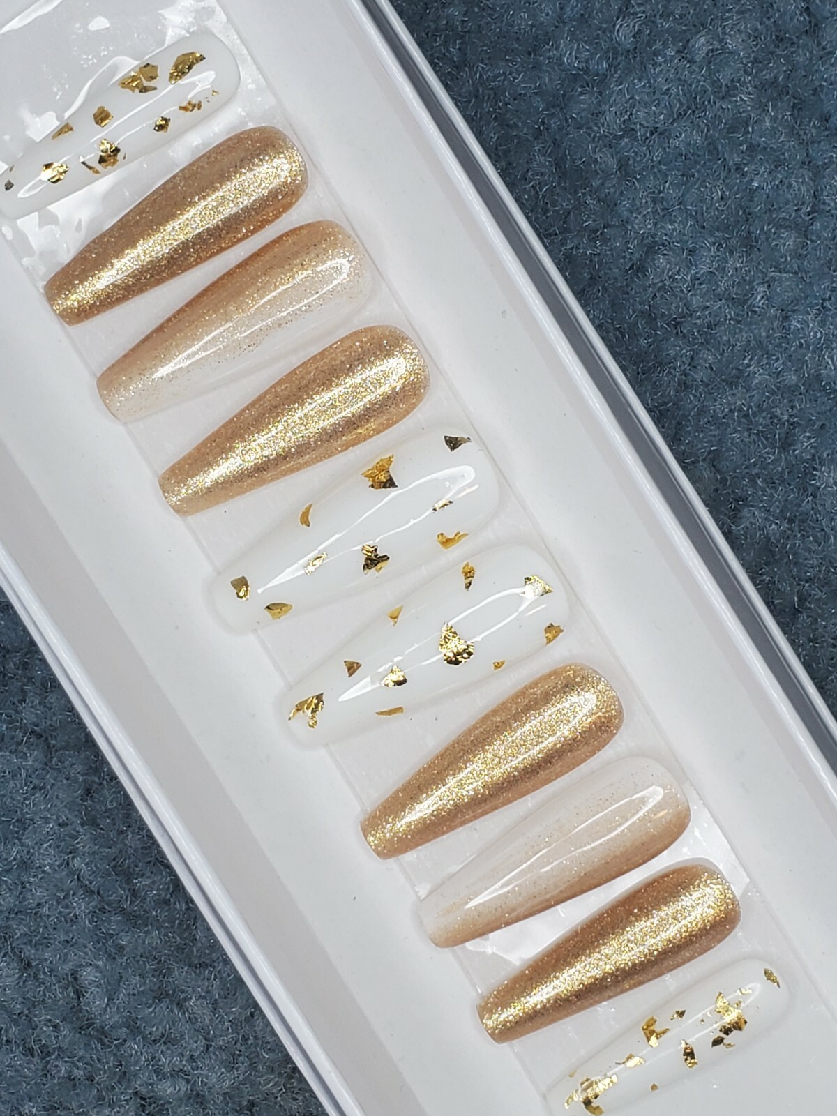White & Gold flakes chrome metallic Bling glitter ombre press on nails long nail