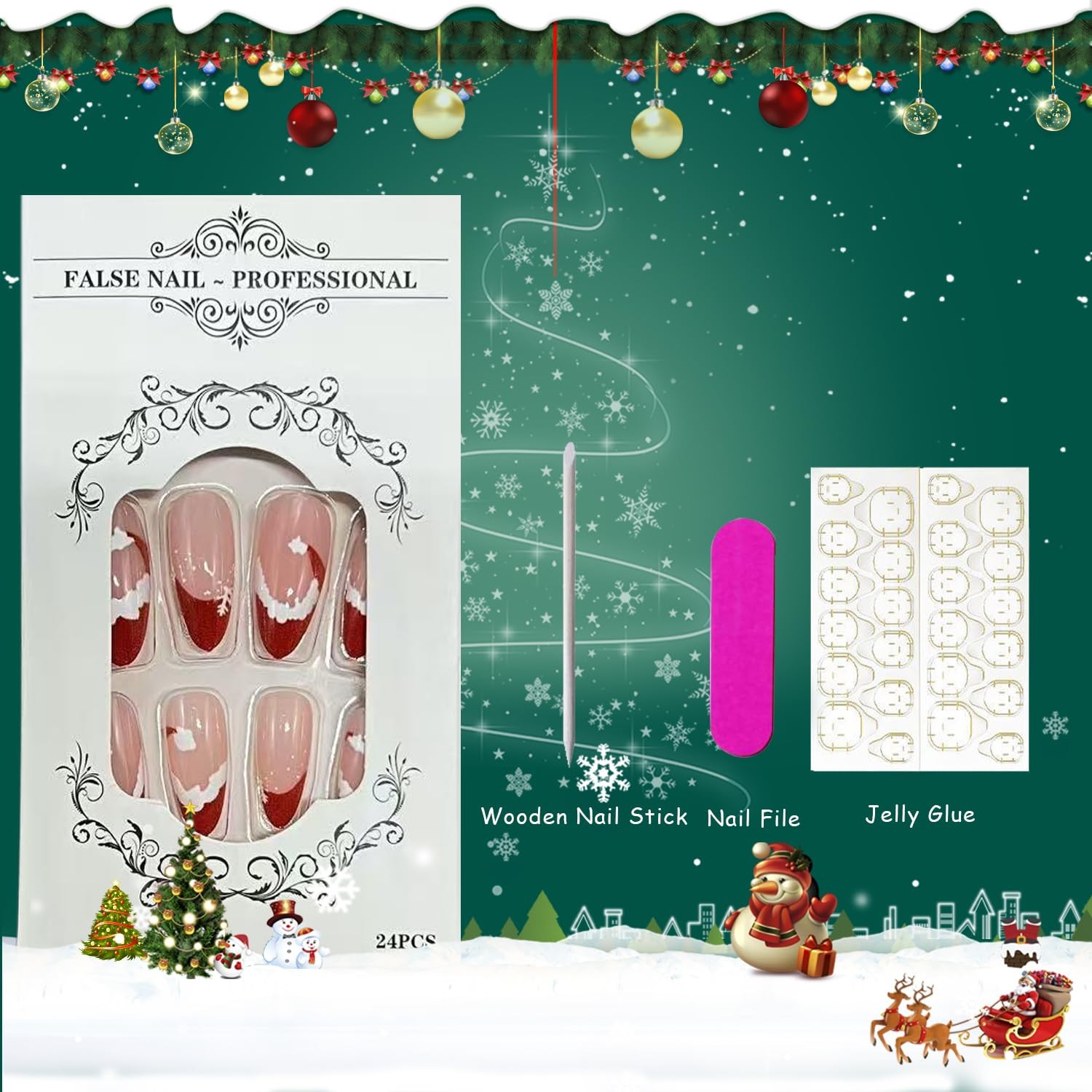 Christmas Press on Nails Medium Almond Fake Nails with Santa Hat Snowflake De…