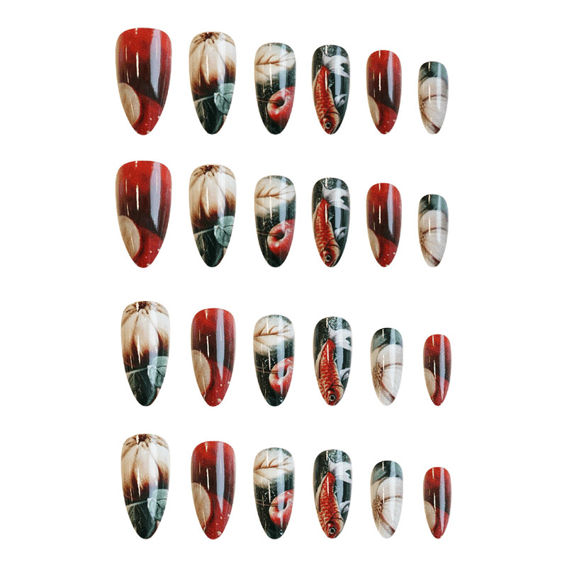 48 Pcs Koi Lotus Ink Print Press on Nails, Medium Almond Vintage Fake Nails