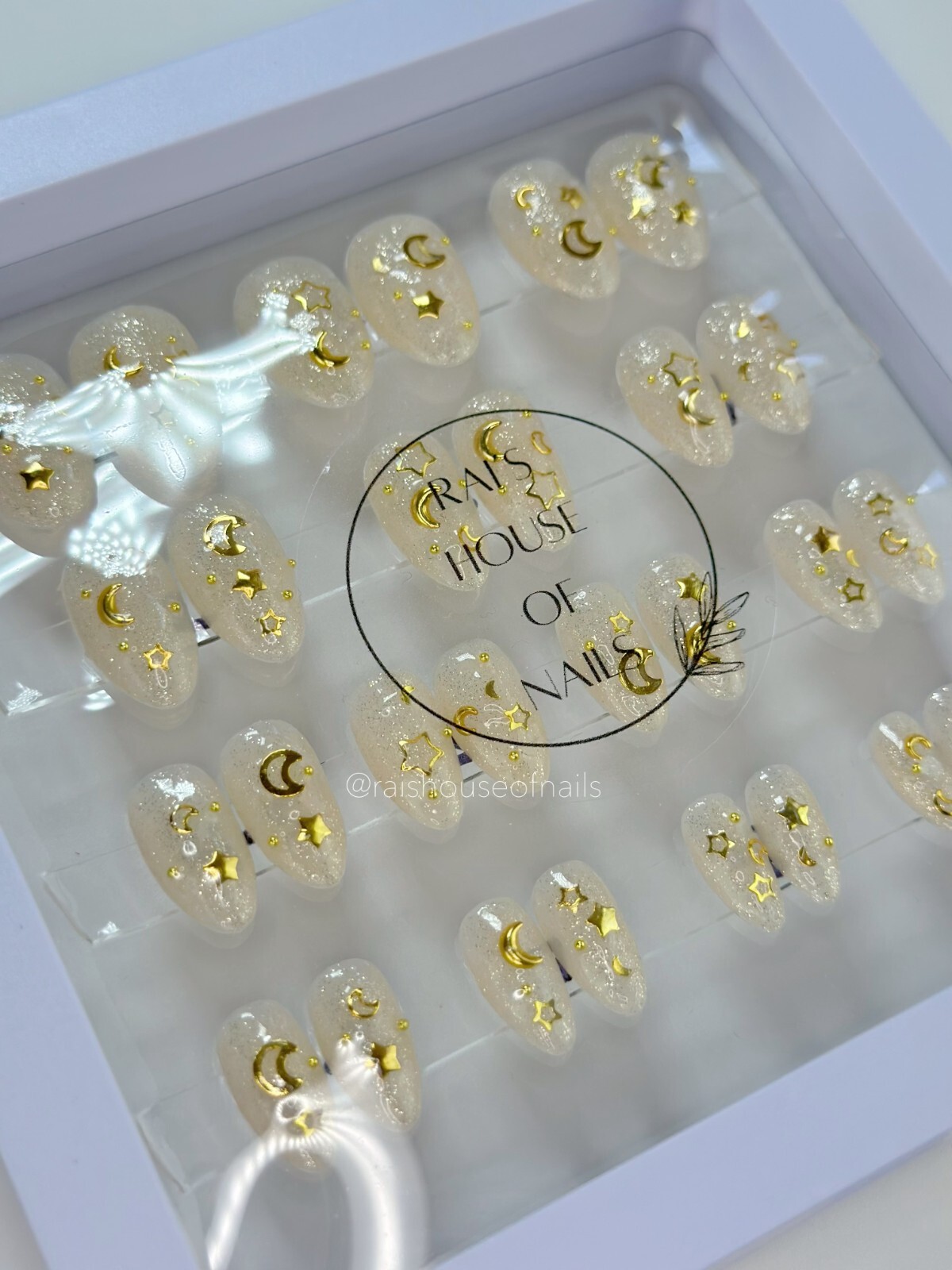 Handmade Press on Nails “Gold Galaxy” Almond Short 28 Nails All Sizes w Glue
