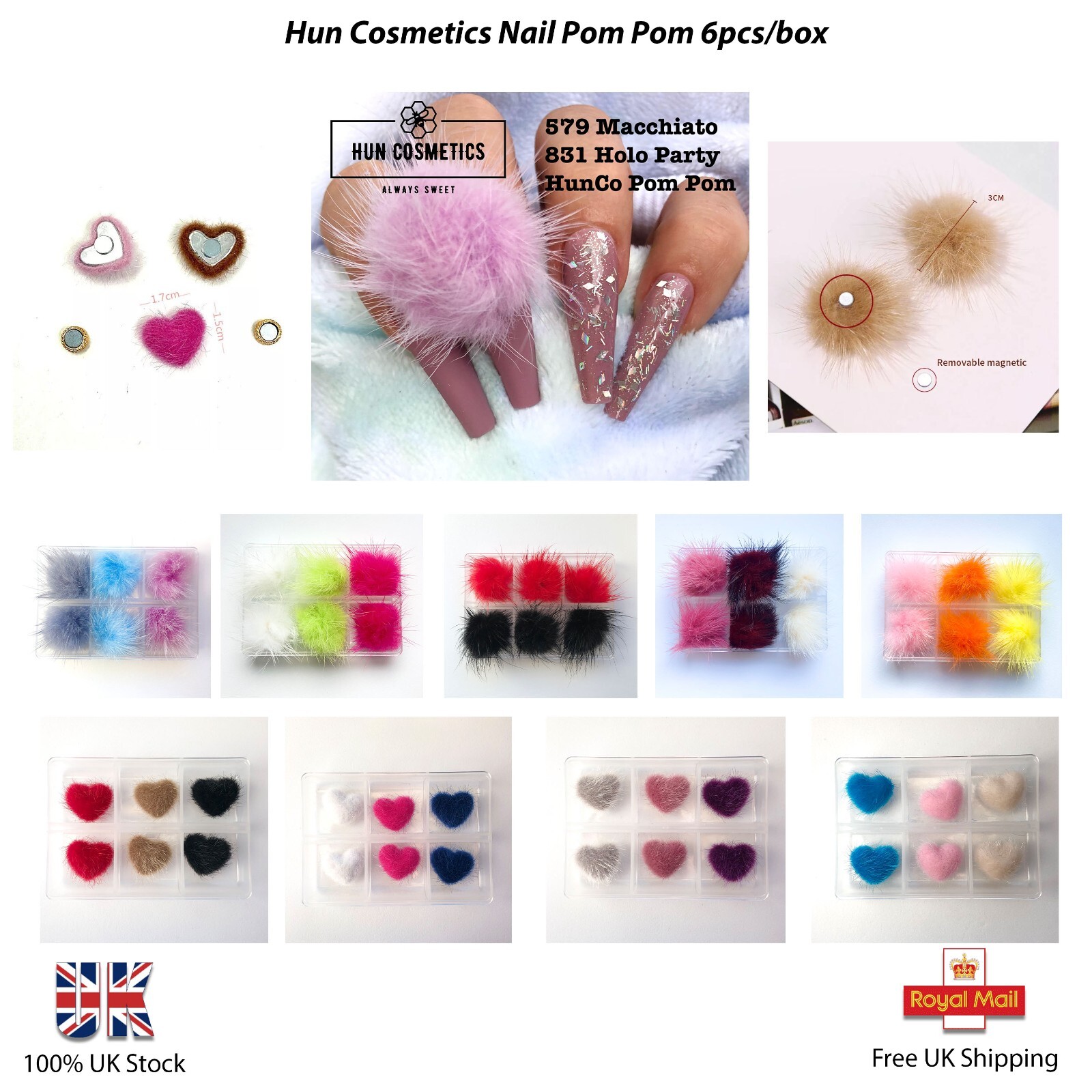 HunCo Nail Magnetic Pompom 6pcs Fluffy Balls Hearts Fur 2022 Winter Accessories