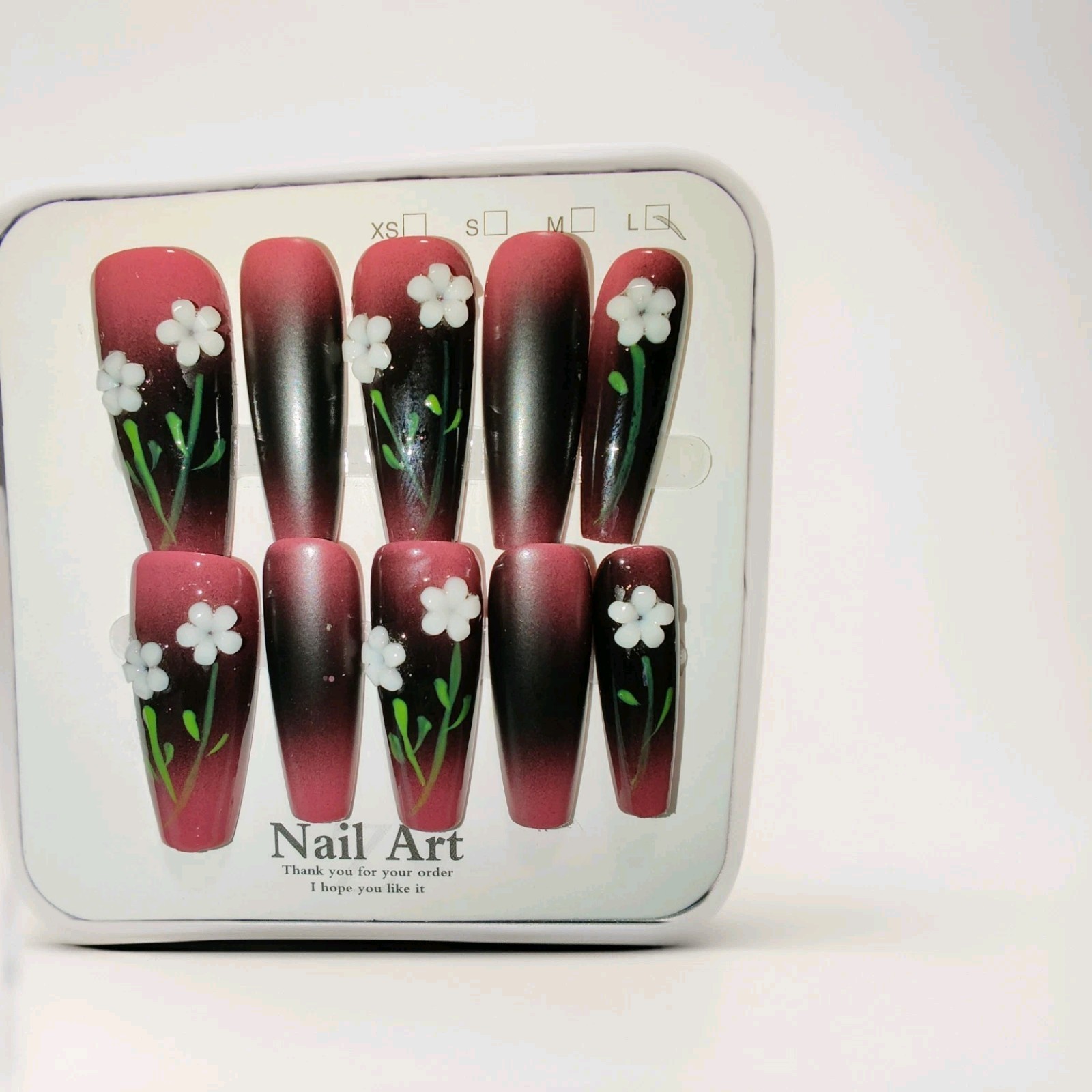 Red Black White Green 3D Flower Long Coffin Press-On Nails Full Cover