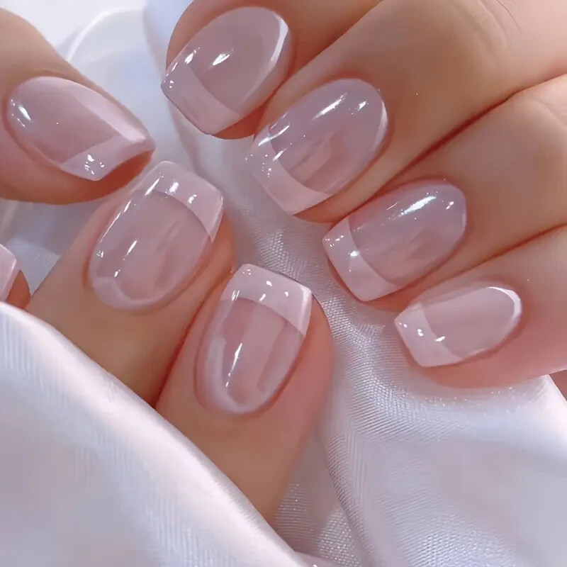 Elegant French Pearl Gloss Press On Nails – 24pcs Pink Square Short False Nail