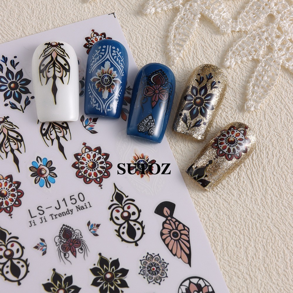 4Pcs Set Nail Art Retro Bohemian Flower Stickers Self Adhesive DIY Peel Off NH29
