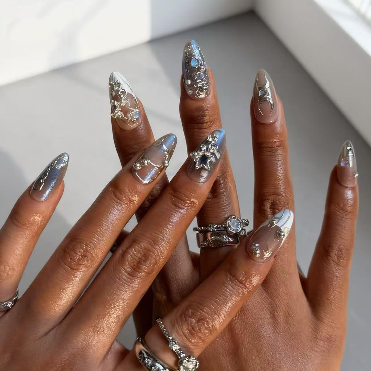 Silver Chrome Press on Nails Medium Almond Fake Blue Style-A, Style-11