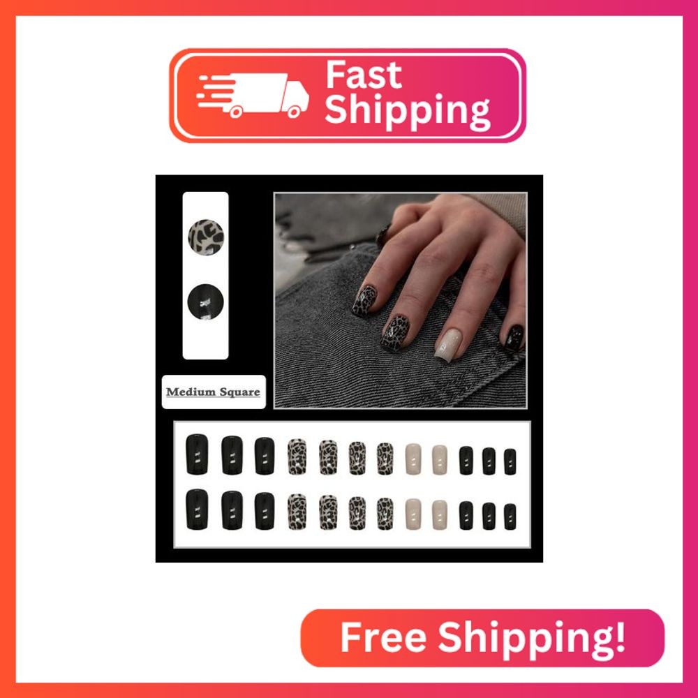 BAOYAALIN Medium Press on Nails Square Black Fake Nails with Leopard Print Desig
