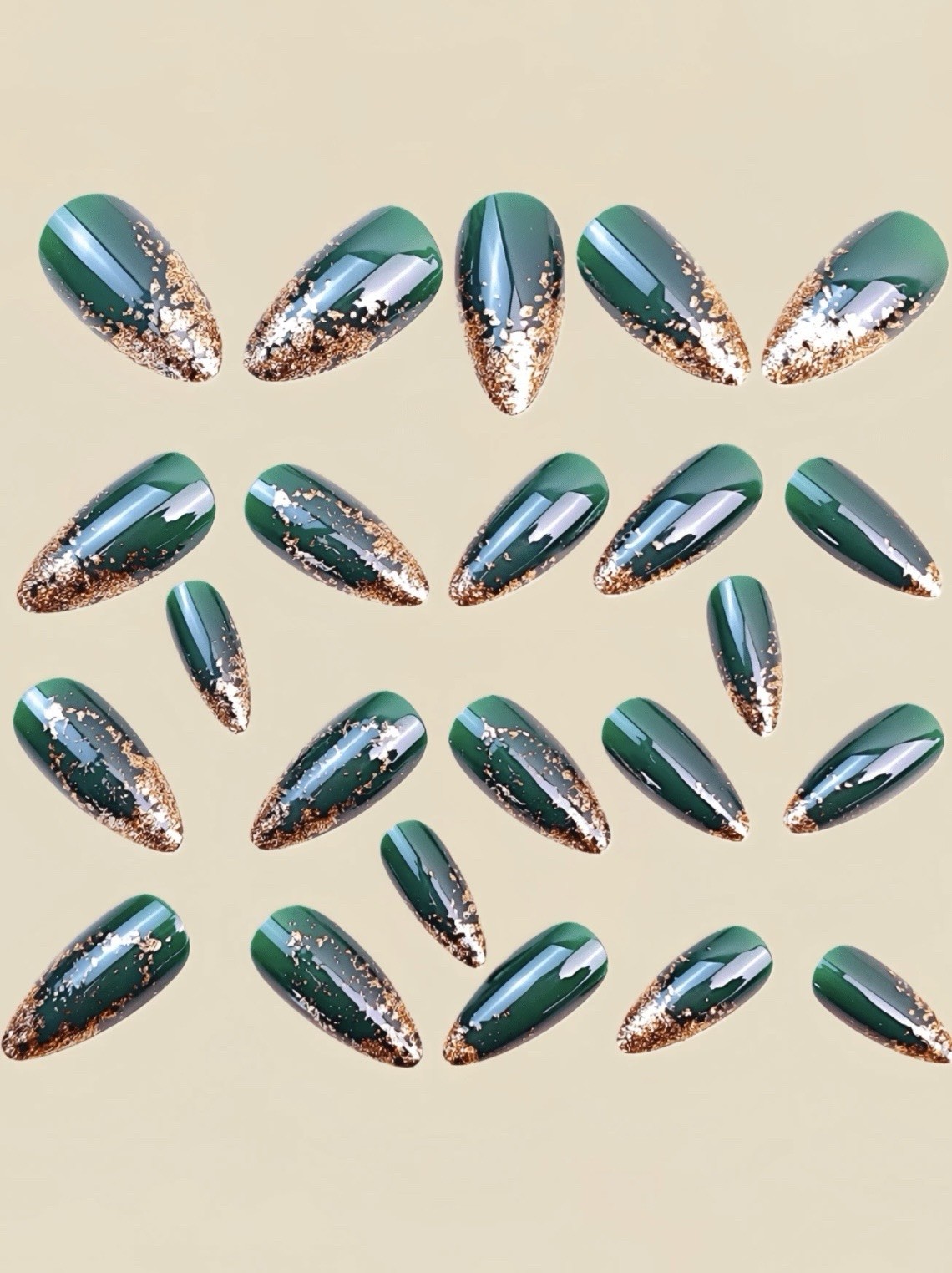 Reusable Self-Adhesive Press-On Nails Long Almond Green/Gold Glitter