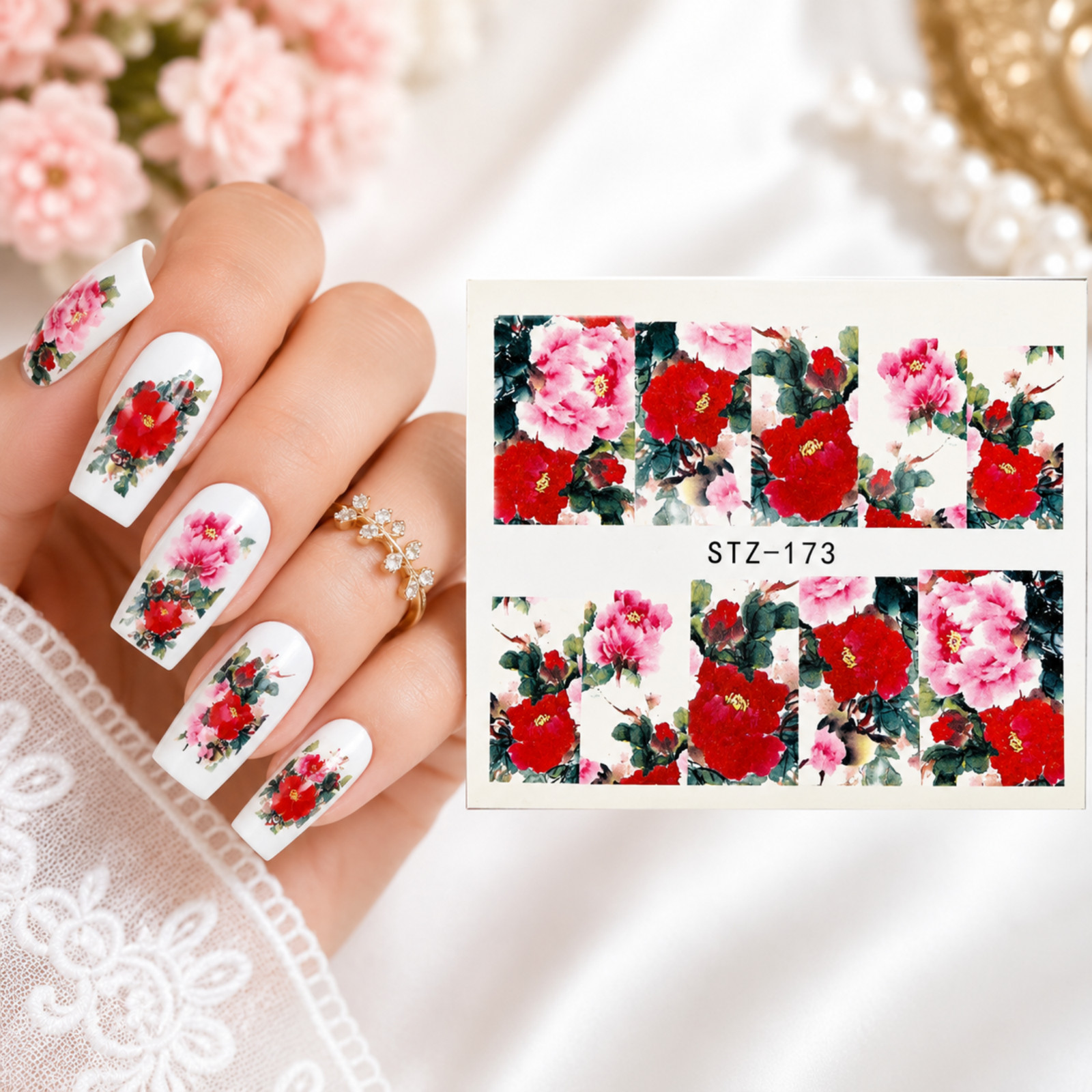 3D Red Flower Nail Decor Decal Stickers Art DIY Manicure Gel Acrylic Natural