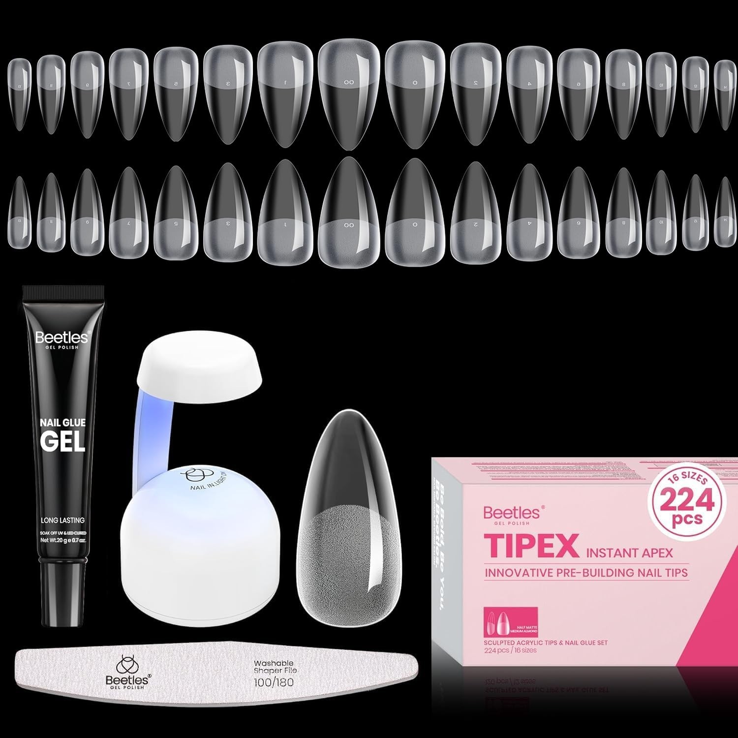 Beetles Tipex Instant Apex Nail Tips Kit, Medium Almond, 224PCS 16 Sizes 00-1…