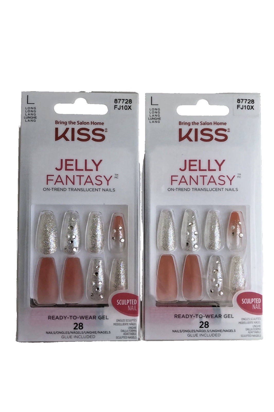 KISS Jelly Fantasy 28 Translucent Sculpted Nails Long Length w/Glue- 2 Pack!