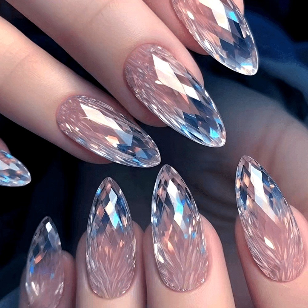 24pcs 3D Rhombus Press-On Nails, Electroplated Almond Fake Tips for Women