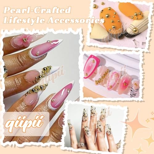 qiipii 2mm-8mm ﻿Gold Flatback Pearls Nail Charms and Gems Half Pearls Golden