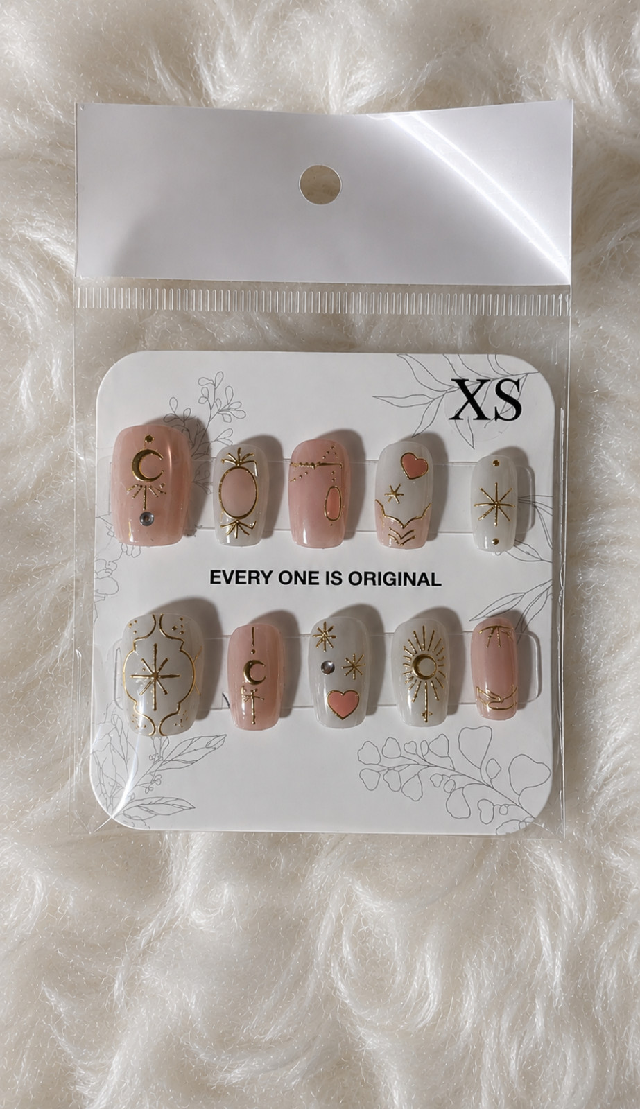 Celestial Moon and Stars Press-On-Nails | Nude Pink Square Nails – Extra Small