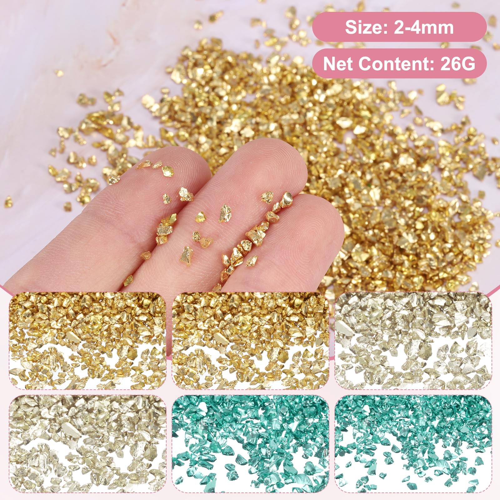 MECCANIXITY 26g Crushed Glass for Crafts, 2-4mm Metallic Irregular Glass Chip…