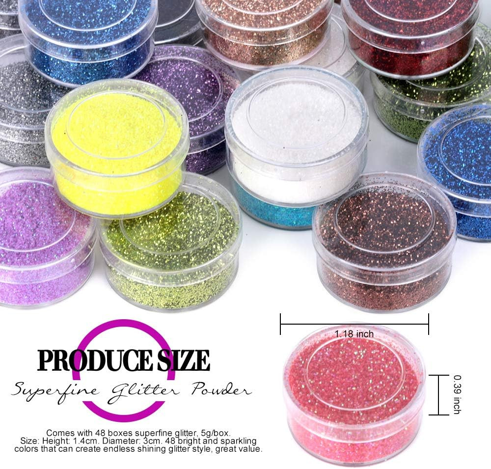 48 Colors Fine Glitter Powder Set Nail Art Makeup Craft Resin DIY Decor