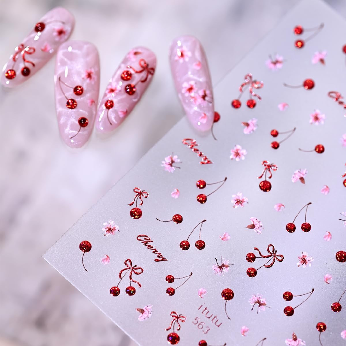 Red Cherry Nail Art Stickers 1 Sheet Self-Adhesive 5D Embossed Cherry Blossom Bo