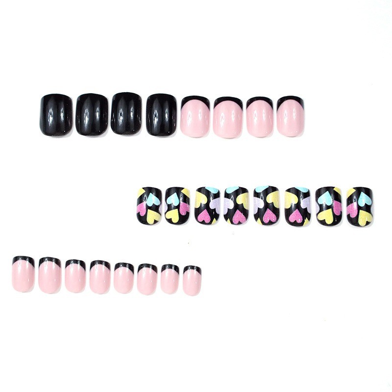 48PCS Short Square Black Powder Multi-color Heart-shaped Reusable Fake Nails