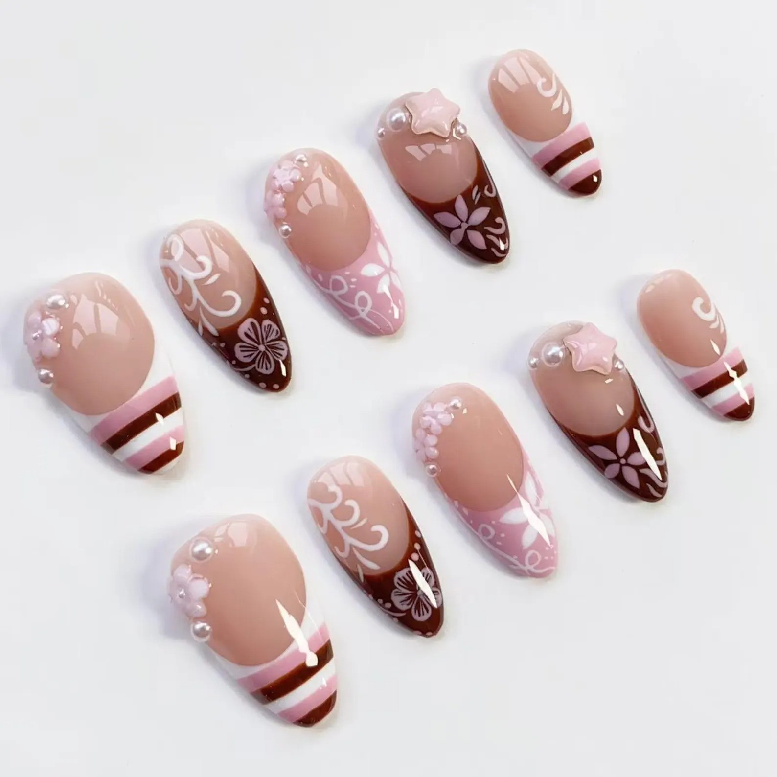 Handmade Kawaii Pink Brown French Y2K Flower Press On Nails All Shapes