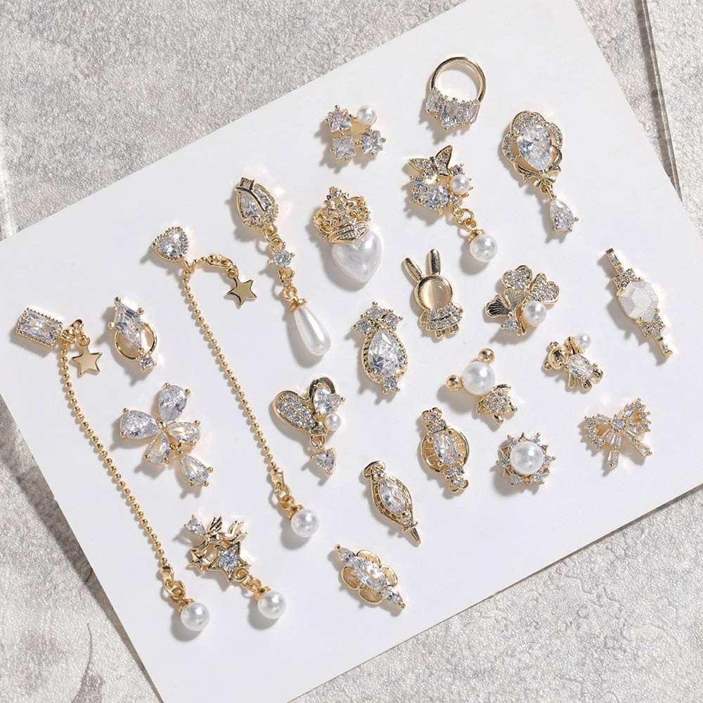 30Pcs 3D Nail Art Charms – Crystal Pearl, Zircon Dangle Rhinestones, Nail Gems &
