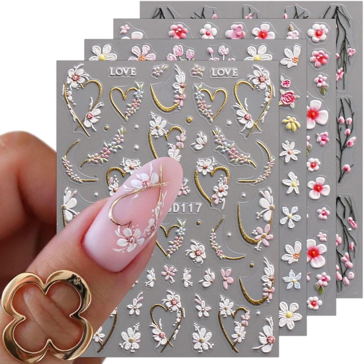 JMEOWIO 3D Embossed Flower Nail Art Stickers Decals Self-Adhesive 5D Spring Summ