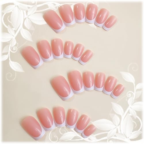24Pcs White French Tips Press on Nails with Simple Design, Glossy Nude Medium