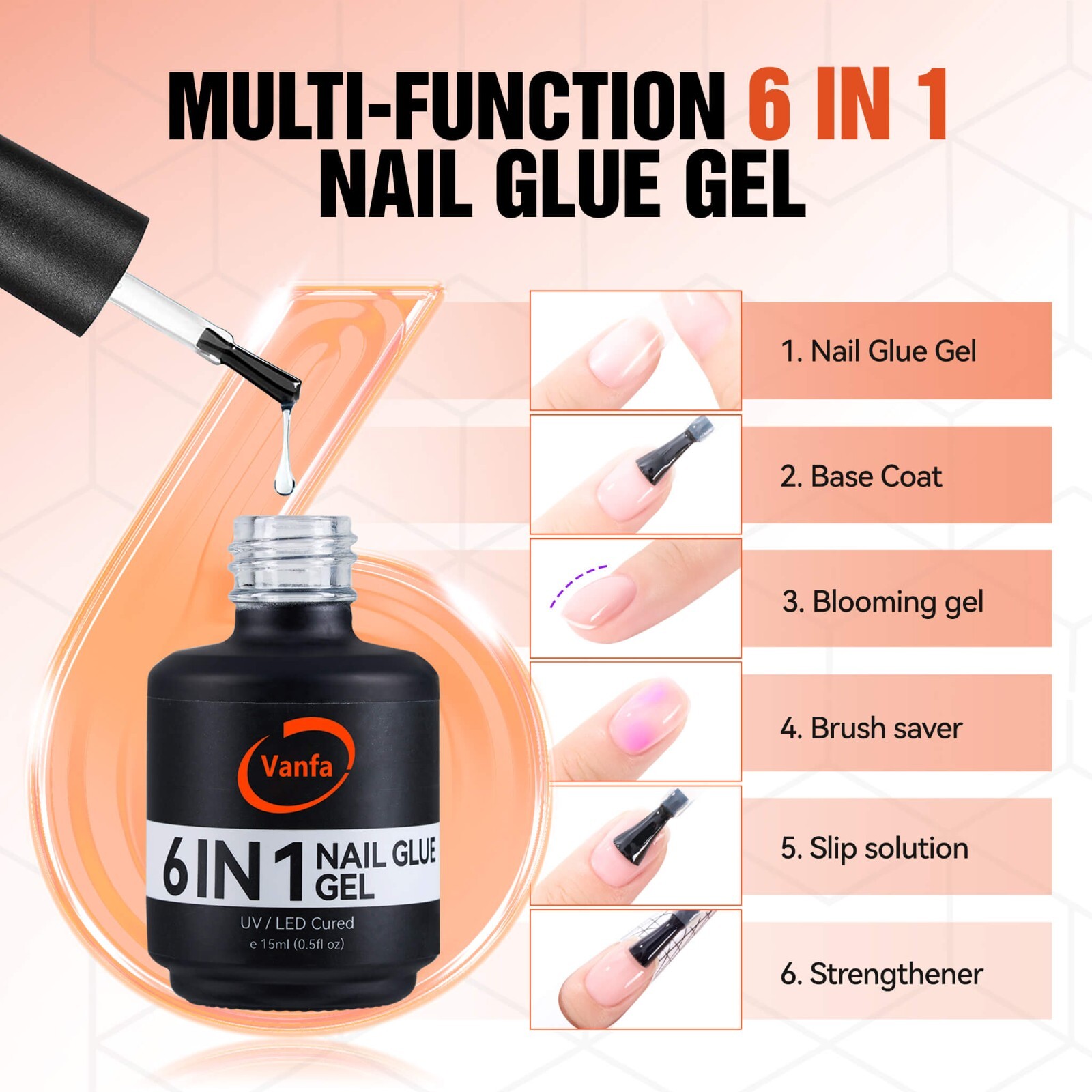 Vanfa 6 in 1 Nail Glue Gel Adhesive for Extend Gel Nail Tip, Soft Gel *Pick any*